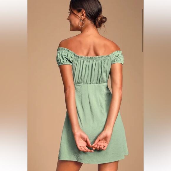 Lulus Wisteria Sage Green Embroidered Off-the-shoulder Mini Dress - Size S - Picture 2 of 6